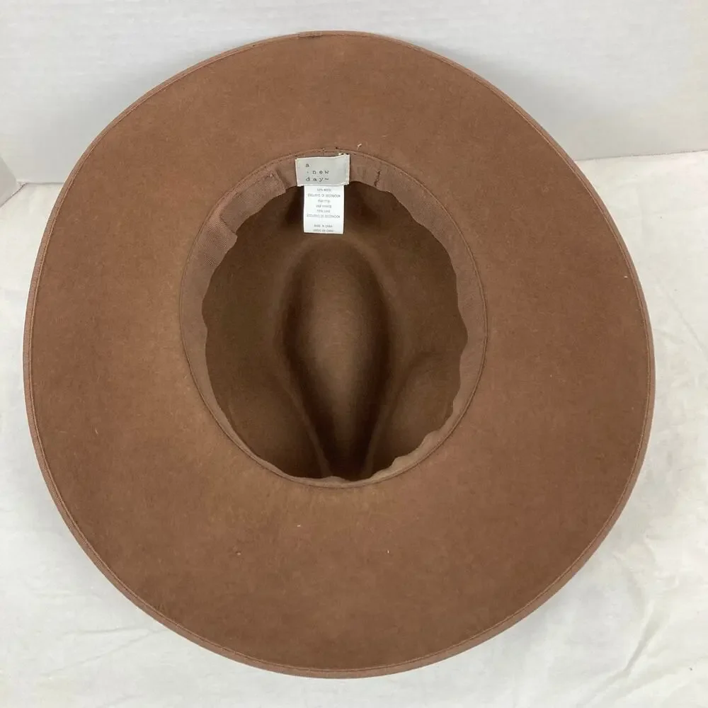 A New Day Wide Brim Fedora Hat Womens Camel Brown Wool Ribbon Band Festival Boho